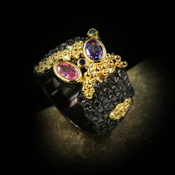 Unikalaus Dizaino, Retro Juodojo Aukso Užpildytas Žiedai Moterims Su Cirkonio Dviejų atspalvių italijos Juvelyrikos Gotikos