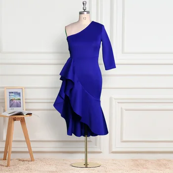 2021 Seksualus Vakaro Šalis Suknelė Moterims Vieną Petį Nesimetriškas Pynimas Blue Elegantiškas Vestidos Falbala 