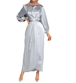 Abaja Wrap Priekyje Suknelė ilgomis Rankovėmis Satinlike vientisos Spalvos Ritininės juosmens Ilga Suknelė Moterims Dubajus Turkijos Mados Elegantiškas Drabužiai