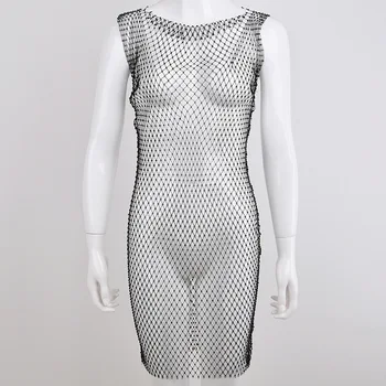 Amphiaraus Kristalų Diamond Mini Suknelė Moterims Seksualus Tuščiaviduriai Iš Kalnų Krištolas Rankovių Bodycon Suknelė 2021 M. Vasaros Tinklelio Šalis Suknelės