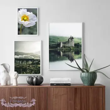 Pilies Žalia Kalnų Augalų Lapų Balta Gėlė Plakatas Škotijoje Traukinių Nukrito Kraštovaizdžio Drobės Tapybos Sienos Menas Spausdinti Nuotraukas