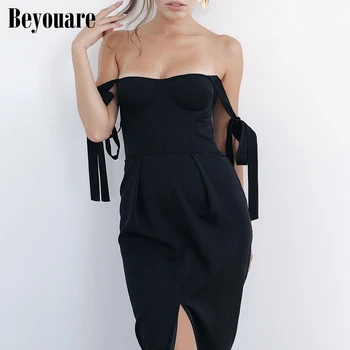 Beyouare Seksualus, Elegantiškas Moterų Suknelė Stebėjimo Spageti Dirželis Tiesiai Padalinta Kelio Ilgis Suknelės 2020 M. Rudenį Kietas Mados Suknelė