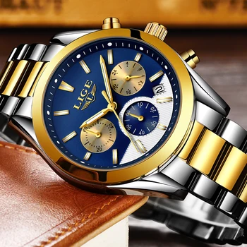 Naujas Prabangos Prekės LIGE Vyrų Aukso Laikrodžiai vyriški Vandeniui, Nerūdijančio Plieno, Kvarcas Laikrodžiai Vyrų Laikrodis Relogio Masculino