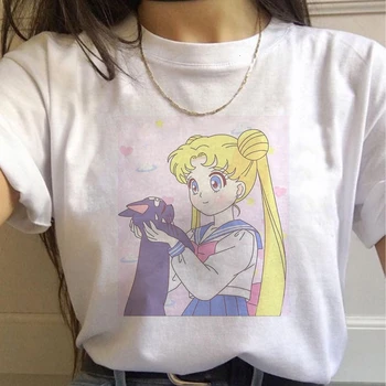 Sailor Marškinėliai Moterims Harajuku Drabužius, Anime Estetikos Katė T-shirt Moterims, Kawaii Viršūnes Juokinga 90s Ullzang Viršūnės