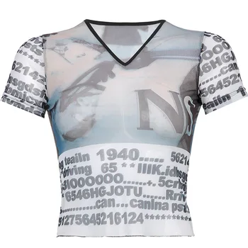 2021 m. vasarą Naujosios Gatvės Nuotrauka mados skaitmeninis spausdinimas perspektyvos ekrano viršuje moterų slim sleeve V-kaklo marškinėliai y2k marškinėliai goth