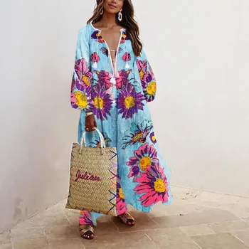 Vasaros Moterų Maxi Suknelė Gėlių Spausdinti Bohemijos Paplūdimio Ilgomis Rankovėmis Moterims Sundress Kutas Įvarstyti Atsitiktinis Suknelės Skraiste Mados