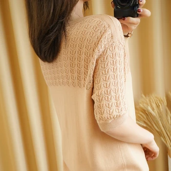 Pavasarį ir vasarą nauju stiliumi medvilnės megzti trumparankoviai marškinėliai moterų tuščiaviduriai O-kaklo megztinis trumpas, minkštas ir patogus