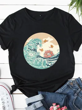 Senovinių Gėlių Drugelis Jūros Bangų Spausdinimo Moteris Tshirts O-kaklo Estetinės Femme T-shirts Vasaros Moterims Topai