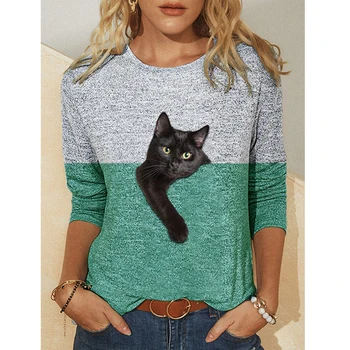 Atspausdintas T-shirt 2021 m. vasarą naujiems karšto pardavimo moterų ilgomis rankovėmis 3D atspausdintas katė animacinių filmų modelis juokinga O-kaklo megztinis drabužiai