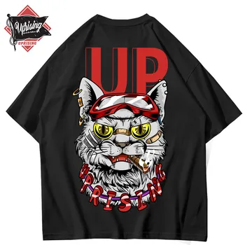 SUKILIMO Vyrų Hip-Hop Harajuku T-shirt Streetwear Laišką Japonų Kanji Katės Atspausdinta marškinėliai trumpomis Rankovėmis Medvilnės Atsitiktinis Viršūnes Tees