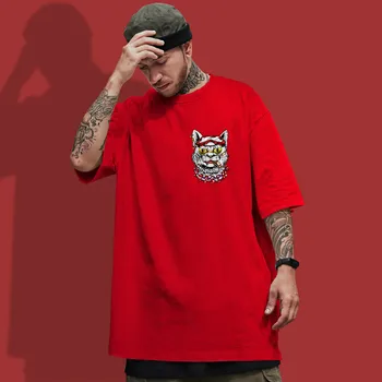SUKILIMO Vyrų Hip-Hop Harajuku T-shirt Streetwear Laišką Japonų Kanji Katės Atspausdinta marškinėliai trumpomis Rankovėmis Medvilnės Atsitiktinis Viršūnes Tees