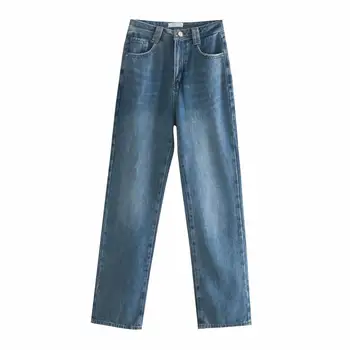 Za moterų Džinsus, tiesios visas ilgis Išblėso aukšto juosmens džinsai su penkių kišenėje dizainas Zip skristi ir metalo viršų mygtuką tvirtinimo