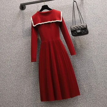 Plius Dydis Moterų, Žiemą šilta megzta suknelė moterims ilgomis Rankovėmis lankas Apykaklės elegantiška Vintage korėjos Aukšto Juosmens-line plisuotos Suknelės