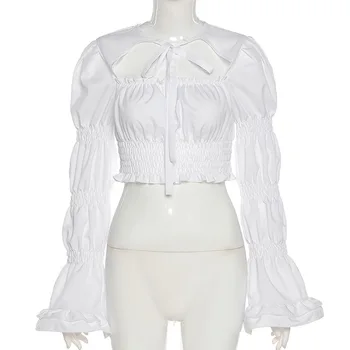 Mielas Lankas Tvarstis Ilgomis Rankovėmis 2021 Naujas Mados Slim Moterų Marškinėliai Elegantiškas Paprasta Vientisos Baltos Basic Tee Pavasario, Vasaros, Nauja Moteris