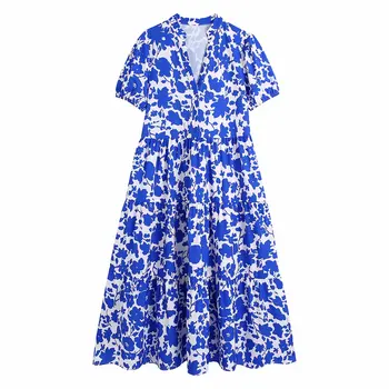 2021 Vasaros Gėlių Mėlyna Suknelė Moterų V-kaklo, Trumpas Sluoksniuotos Rankovėmis Derliaus Maxi Marškinėliai Suknelė Moterų Apdaras