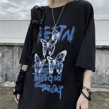 Drugelis laišką Punk Spausdinti Laisvi Marškinėliai Moterims derliaus marškinėlius aksesuaras viršutinėje juostoje T-shirt Harajuku Atsitiktinis Chic Animacinių filmų Streetwear