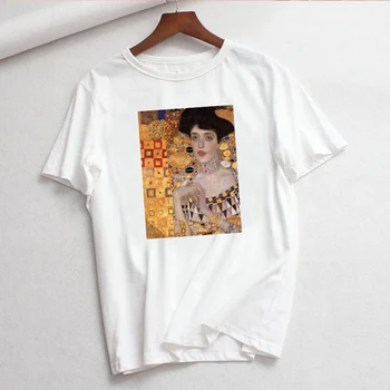 Vasaros naujo Derliaus viršūnes tees atsitiktinis Harajuku didelio dydžio naujų meno aliejinių dažų prarasti moterų ins T-shirt laišką Gustav Klimt spausdinti