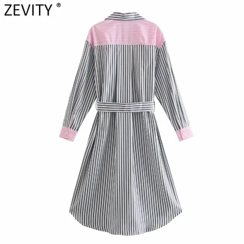 Zevity Naujas Moterų Vintage Spalvos Rungtynių Dryžuotas Spausdinti Lankas Varčias Marškinėliai Suknelė Moteriška Elegancija Vieną Krūtinėmis Atsitiktinis Slim Vestido DS8623