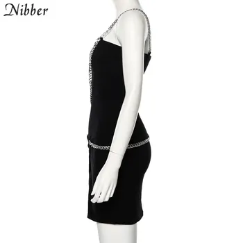 Nibber Gothic Punk Metalo grandinės projektavimo Bodycon Mini Dress2019autumn Harajuku gatvėje atsitiktinis trumpą suknelę ruožas Paprasta suknelė Mujer