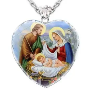Širdies Formos Kristalų, Stiklo Šeimos Krikščionių Jėzus Pakabukas Karoliai Moterų Clavicle Grandinės Mados Metalo Accessories Grupė Papuošalai