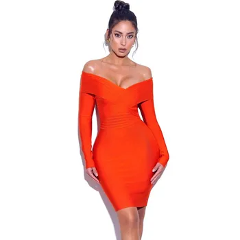 Karšto Pardavimo Moterų Žiemos Mados Seksualus Off Peties Long Sleeve Orange Mini Tvarstis Suknelė 2021 Elegantiškas Vakaras Šalis Suknelė Vestidos