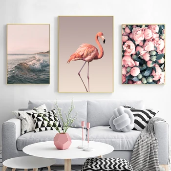 Šiaurės Ins Stiliaus Rožinė Tema Flamingo Pink Gėlių Jūros Bangų Plakatas Miegamojo Lovos Kambarį Drobė Meno Dekoratyvinis Dažymas