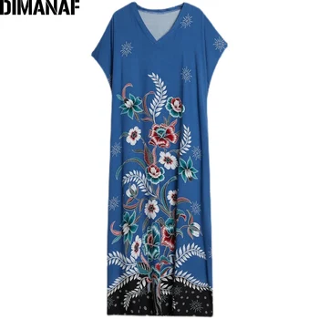 DIMANAF 2021 m. Vasaros Suknelė Moterims Drabužių Maxi Ilga Suknelė Negabaritinių Sundress Bohemijos Gėlių Spausdinti Elegantiška Panele Atsitiktinis Palaidų Mėlyna