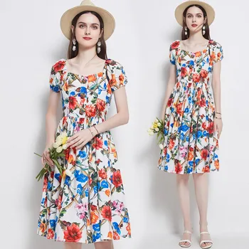Retro mados spausdinti suknelė moterims 2021 naujas vasaros sielovados stiliaus aikštėje apykaklę, trumpas rankovės atsitiktinis suknelė moterims Vestidos