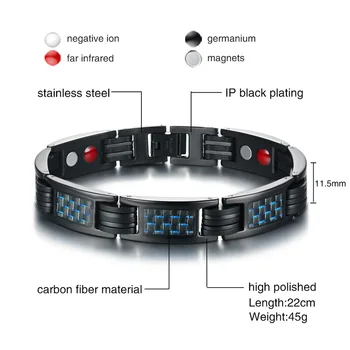 Black Health Bracelet Men Stainless Steel Blue Carbon Fiber Steel Magnetic Bracelet Male Chain Germanium Energy Bracelet for Men