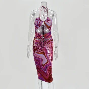 Fashionsta Violetinė Seksualus Midi Suknelė Gėlių Spausdinti Elegantiška Suknelė Tuščiaviduriai Iš Šalies Klubas Bodycon Moterų Vasaros Suknelės Atsitiktinis Veatidos