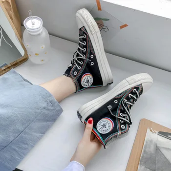 Zapatillas de lona de alta calidad Ulzzang para mujer, zapatos informales Retro a la moda para chicas, spalva Smėlio y negro, 2021