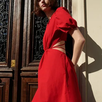 2021 M. Vasarą Moterys Raudona Tuščiaviduriai Iš Tvarstis Plonas Ilgas Moteriška Suknelė Trumpomis Rankovėmis Suknelės Ponios Elegantiška Vintage Suknelė