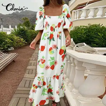 Celmia Prašmatnus Gėlių Spausdinti Šalis Suknelė Moterims 2021 M. Vasarą Slidinėti Maxi Ilgio Suknelės Elegantiškas Aikštėje Apykaklės Aukštos Juosmens Sundress
