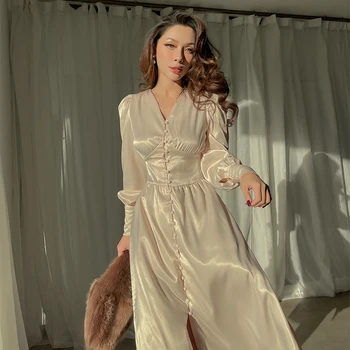 2021 Naują Pavasario Mados prancūzų Stiliaus Elegantiška Vintage Rinkti Juosmens Aukštos Ritininės Ilga Suknelė Sluoksniuotos Rankovėmis Sexy V Kaklo Suknelė Moterims