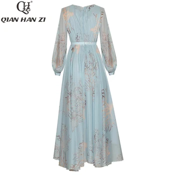 Qian Han Zi Pavasarį, vasarą dizainerio mados elegantiška, ilga suknelė Moterų žibintų rankovėmis spausdinti slim holiday Beach Maxi suknelė
