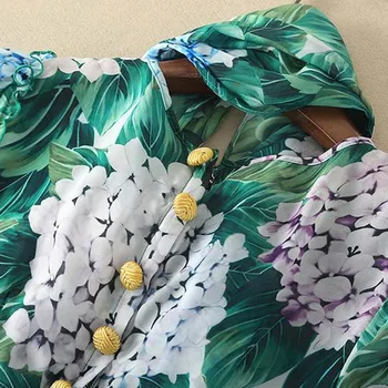 Aukštos Kokybės Naujas Tako Suknelė Moterų Mados Žalia Hydrangea Floros Spausdinti Visą Rankovėmis Mygtuką Ilgai Bohe Suknelė 2019