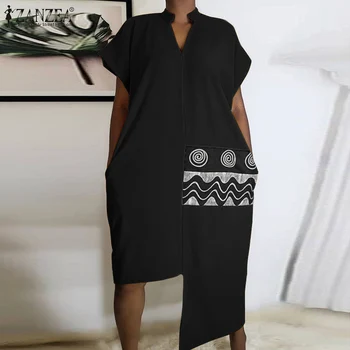 Nereguliarus Moterų Marškinėliai Suknelė ZANZEA 2021 m. Vasarą Stilingas Spausdinti Kelio Ilgis Vestido Atsitiktinis Lady Kietas Atvartas Sundress