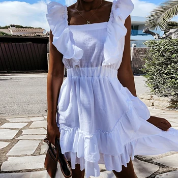 Moarcho Seksualių Moterų Suknelė Vasaros Vientisos Spalvos Kvadratinių Kaklo Susiėmę Rankovių-Line Mini Paplūdimio Stiliaus Šalies Klubas Suknelė 2021 Naujas