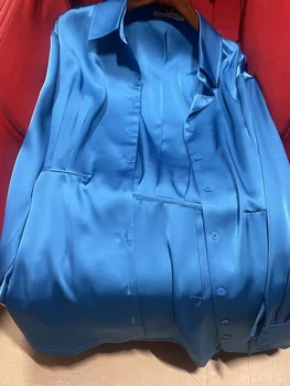 Prekės Mėlyna Satino Marškinėliai Suknelė Moterų Naujo Dizaino Ilgomis Rankovėmis Elegantiškas Plonas Seksualios Trumpos Suknelės Moterų Mados Chic Prabangių Drabužių