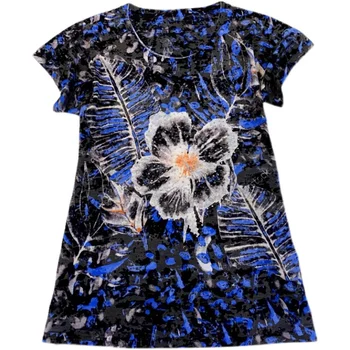 Karšto gręžimo gėlių spausdinti Blue marškinėliai moterims 2021 m. vasarą viršų trumpomis rankovėmis grafinis tees modis marškinėlius Laisvi marškinėliai femme
