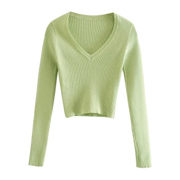 2021 Vasaros megztinis moterims ilgomis rankovėmis pasėlių vintage megztinis v-kaklo megztinis korėjos žalias megztinis mezgimo kietas megztinis rudenį
