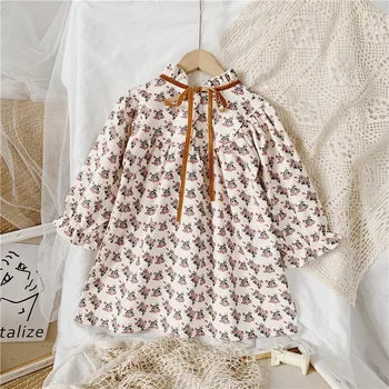 2020 Autumn New Girl Korean Style Floral Long-Sleeved Dress Baby Girl Western Style Lace Collar Cotton Skirt