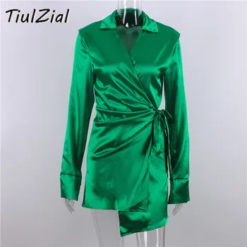 TiulZial Žalia Ilgomis Rankovėmis Satino Wrap Mini Suknelė 2021 Nothed Nėrinių Tvarstis Trumpas Vasaros Suknelė Aukšto Juosmens Marškinėliai, Suknelės Moterims