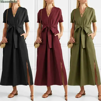 Moterys vasarą medvilnės skalbiniai ilgai suknelės Geros kokybės, elegantiškas klasikinis moterų lino suknelė plius dydis diržo mados moterų drabužiai