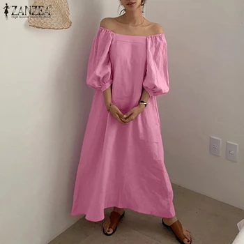 2021 Vasaros Elegantiškas Maxi Suknelė Moterų Mados Off Peties Sundress ZANZEA Kietosios Linijos, Chalatas, Atsitiktinis Paplūdimio Sluoksniuotos Rankovėmis Suknelės