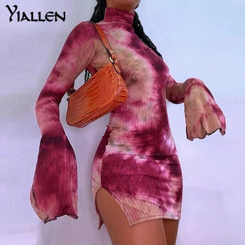 Yiallen Estetinės Kaklaraištis Dažų Streetwear Moterų Bodycon Mini Suknelė, Prašmatnus Neapibrėžta Veikla, Golfo Suknelė 2021Casual Pagrindinio Drabužiai