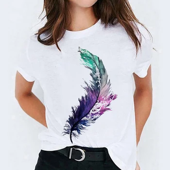 2021 Vasaros moteriški marškinėliai Mados Plunksnų Spausdinti Modelio Moteriški marškinėliai trumpomis Rankovėmis Viršuje T-shirt Harajuku Šviesą Negabaritinių Marškinėliai