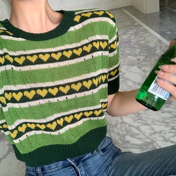 2021 Moteriški Džemperiai Pavasario Vasaros Šortai Rankovėmis Megztiniai Moterims Vintage Žalia Juostele Širdies Modelio Megzti Viršų Pasėlių Trikotažas Mielas
