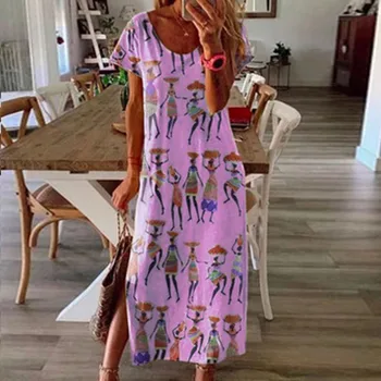 Atsitiktinis Trumpas Rankovės Ilgos Vasaros Suknelė Moterims Etninės Stiliaus Skaitmeninio Spausdinimo Maxi Suknelės Ponios Prarasti Padalinta Paplūdimio Sundress Vestidos