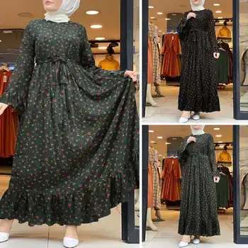 ZANZEA Elegantiškas Gėlių Spausdinti Maxi Suknelė Moterims Dubajus Turkija Abaja Suknelė, Hijab Islamo Drabužius ilgomis Rankovėmis Raukiniai Sundress Skraiste